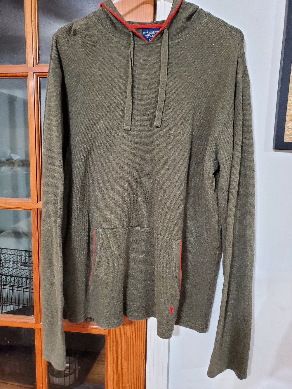 Polo Ralph Lauren Waffle Knit Hoodie Olive Green Red Trim Pony Logo Pullover L